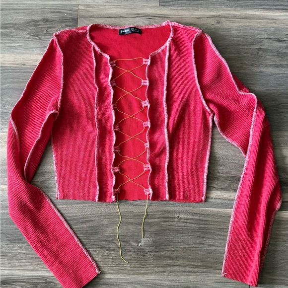 Red Lace-Up Long Sleeve Top - Picture 1 of 3